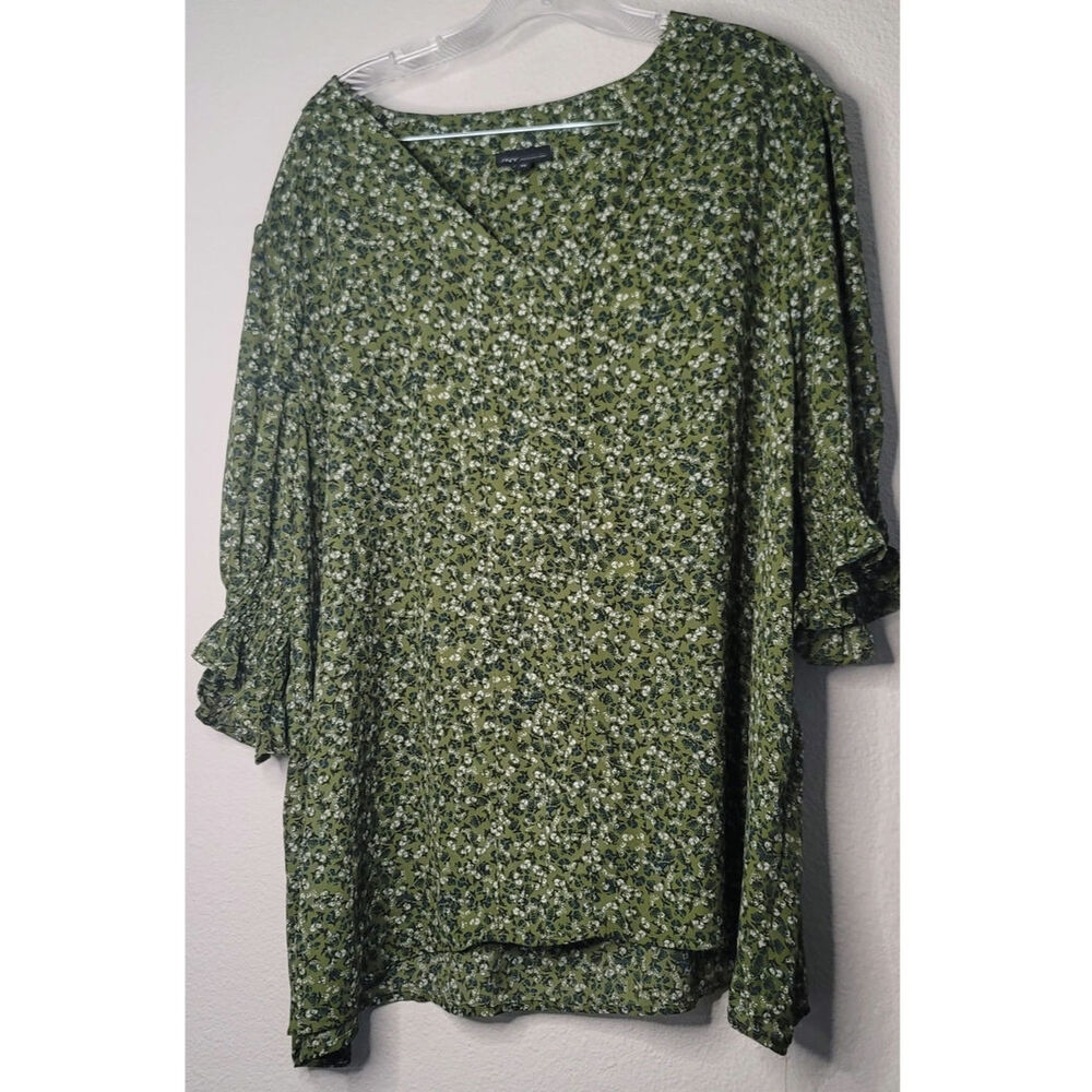 Jones New York Olive Green Floral Print V-neck 3/4 Sleeve Tunic Blouse Size 3XL